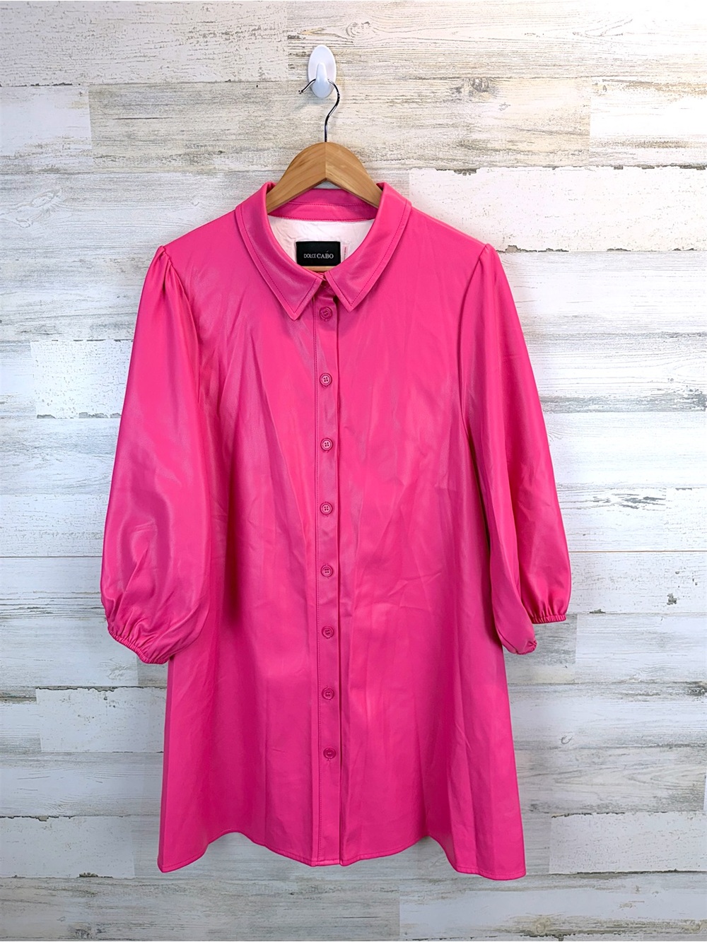 Dolce Cabo Pink Faux Leather Shirt Dress Puff Sleeve Mini XL - Picture 3 of 13